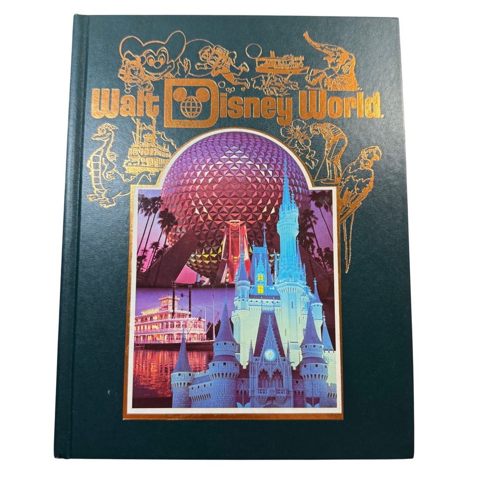 Vintage 1986 Walt Disney World Pictorial Souvenir Hardcover Book Green Gold Foil